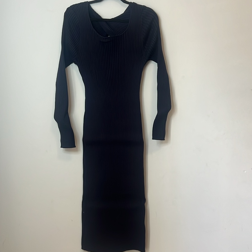NWT 525 America  Navy Blue Ribbed Fitted‎ Bodycon Long Sleeve Maxi Dress Large